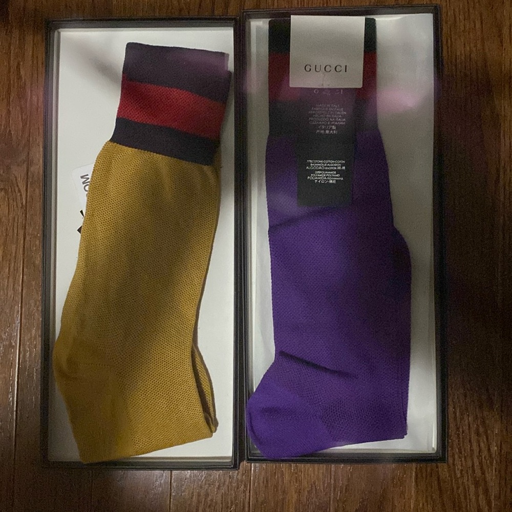 Authentic Gucci Suzanne socks mustard blue/red &  purple green/red web detail